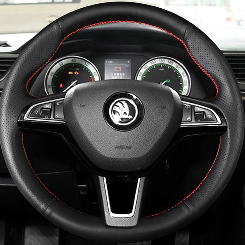 Braid Car Steering Wheel Cover For Skoda Octavia Fabia 2016-2017 Rapid Spaceback Superb (3-Spoke）Steering Wrap Car Accessories