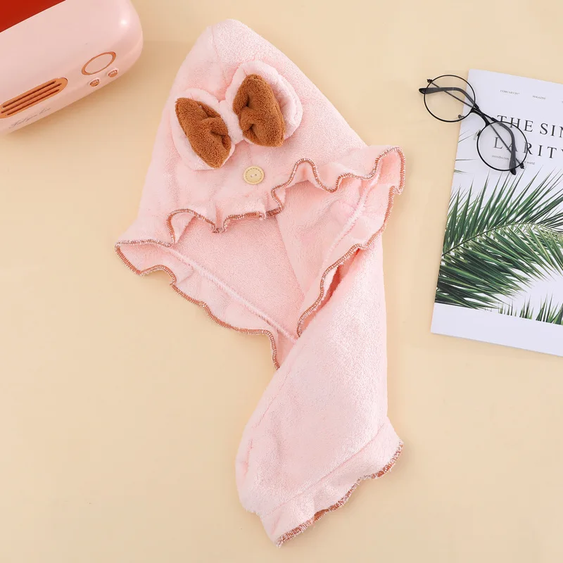 قبعة منشفة شعر بلون سادة من الصوف للمنزل، قبعة تجفيف الشعر بعقدة كرتونية على طراز الأميرة مع حافة من الدانتيل، قبعة حمام عمامة #6