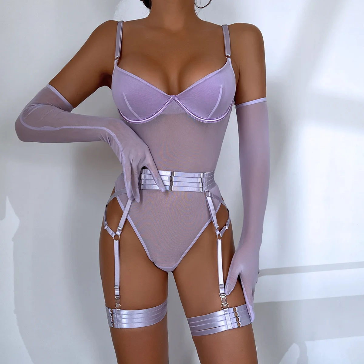 2025 Three-Piece-Set Sexy Lingerie Strappy Splicing Slimming with Gloves Women Bodysuit Female Body Streetwear Leotard Sexy