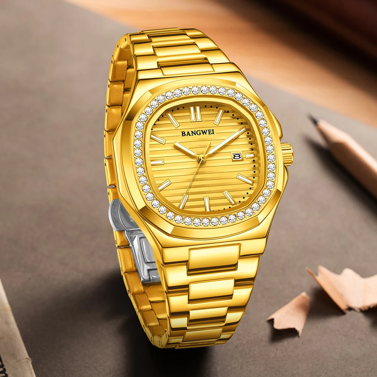 BANGWEI Luxury Men Business Watches Fashion Square Dial Stainless Steel Strap Quartz Watch Calendar For Mens Clock reloj hombre