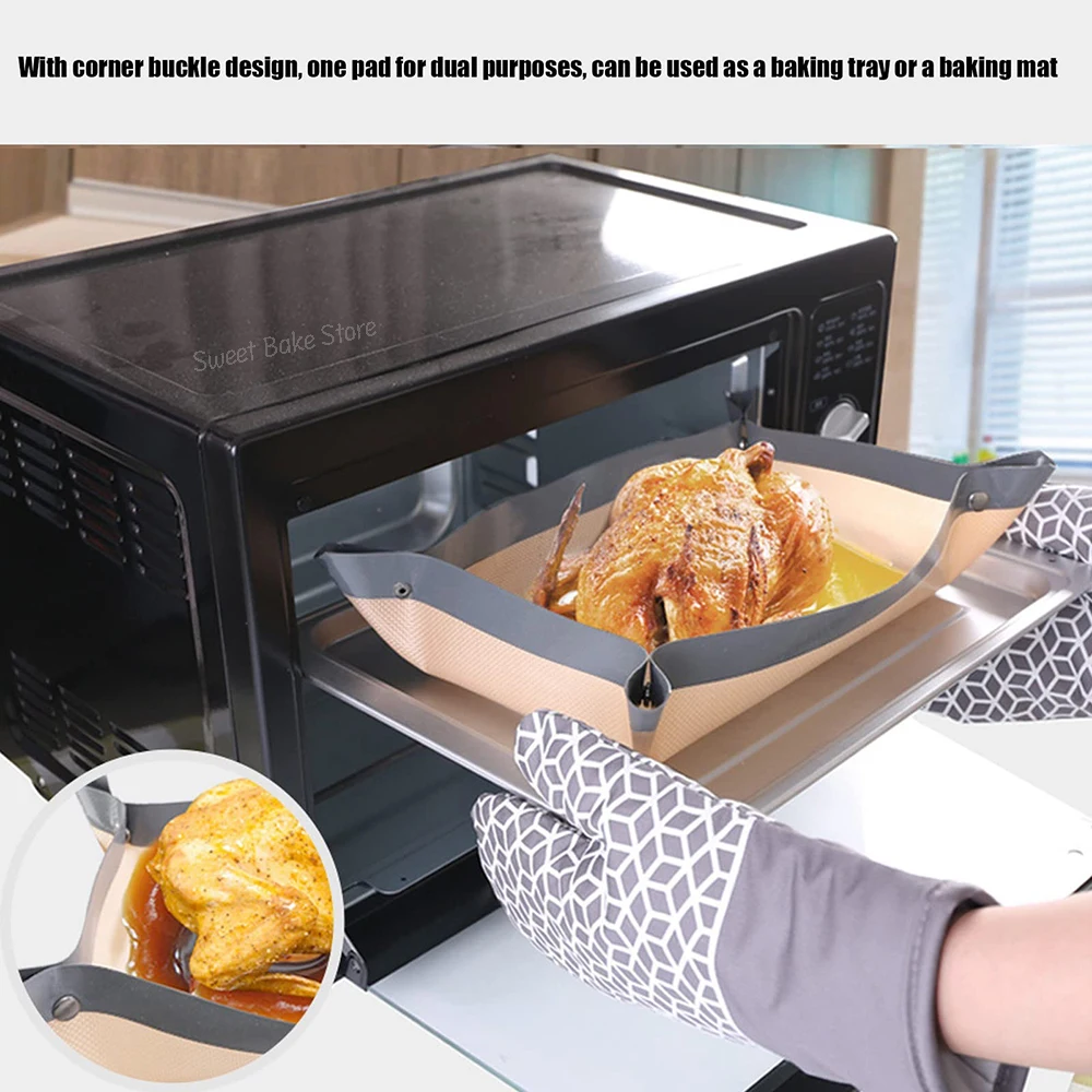 Reusable Silicone Fiber Baking Mat with Buckle No Leak & Non Stick Corners Snap Together to Form Leakproof Oven Tray Liner