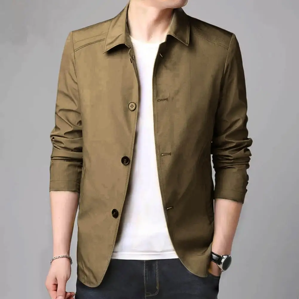 Fall Spring Men Coat Turn-down Collar Solid Color Long Sleeve Single-breasted Cardigan Smooth Formal Business Style Men Mid Leng