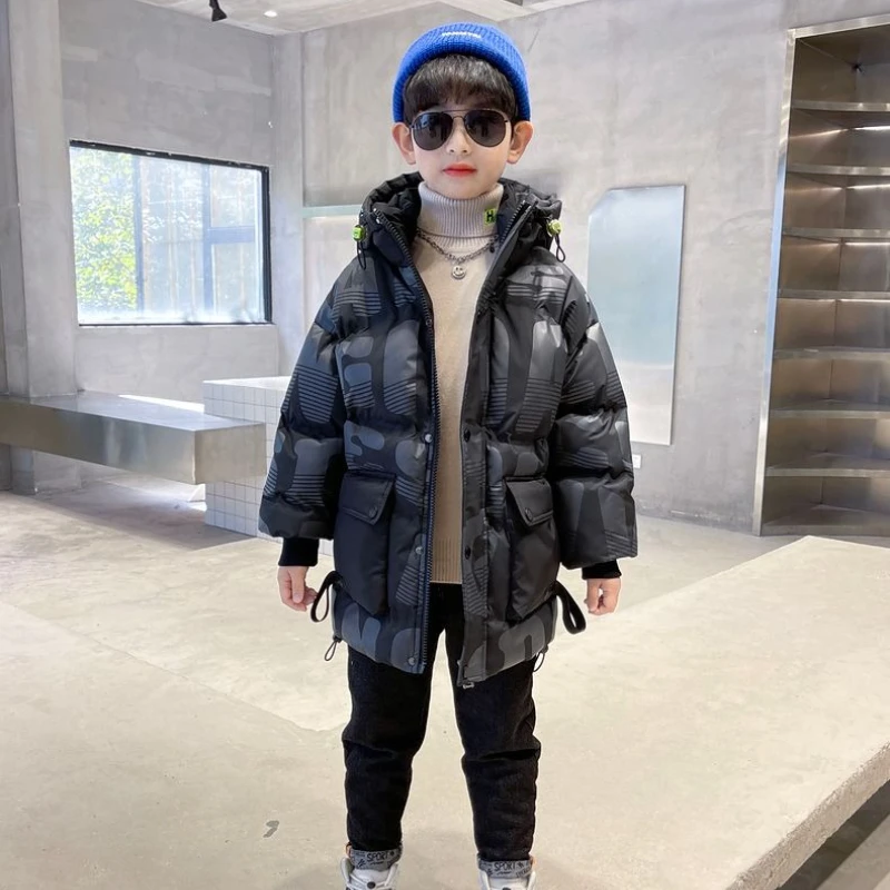 2026 Boys Winter Cotton Padded Jacket Thick Warm Hooded Coat Kids Fashion Outerwear