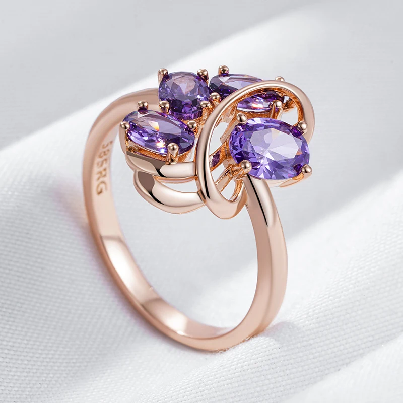 Kinel Hot Ethnic Wedding Ring for Women Fashion 585 Rose Gold Color With Shiny Purple Natural Zircon Daily Fine Vintage Jewelry