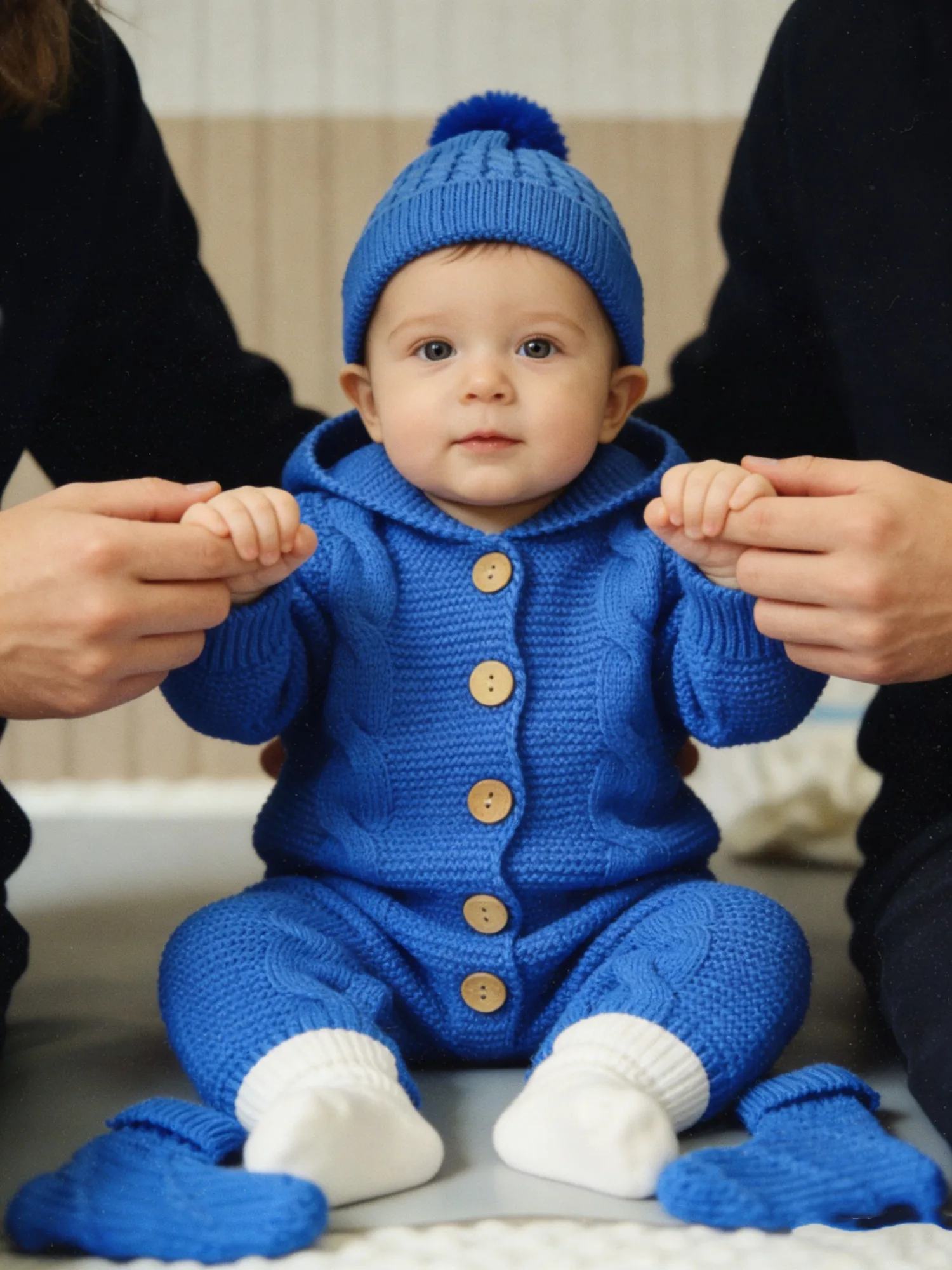 

Baby Boy Blue Knit Outfit Set - Full Winter Wear with Hat & Socks