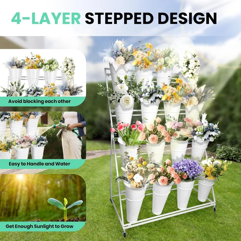 4-Tier Metal Flower Cart with 16 Buckets for Outdoor and Indoor Display