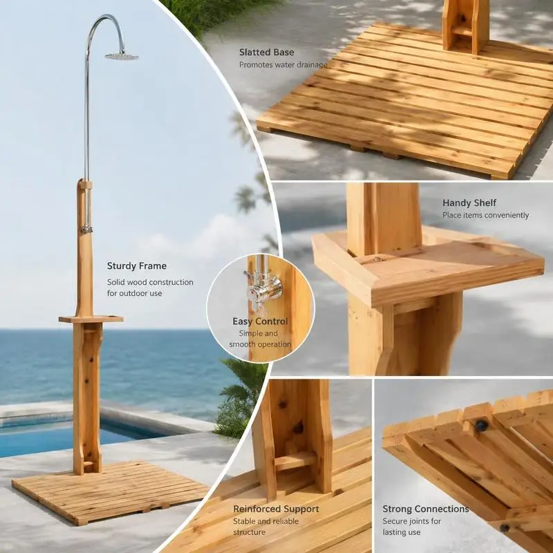 Immagine 6: Doccia da esterno in legno di teak naturale, con poggiapiedi, per patio, piscina e giardino, colore naturale. Da montare su terrazze, bordi piscina e giardini privati per lavarsi e rimuovere lo sporco dopo il nuoto.