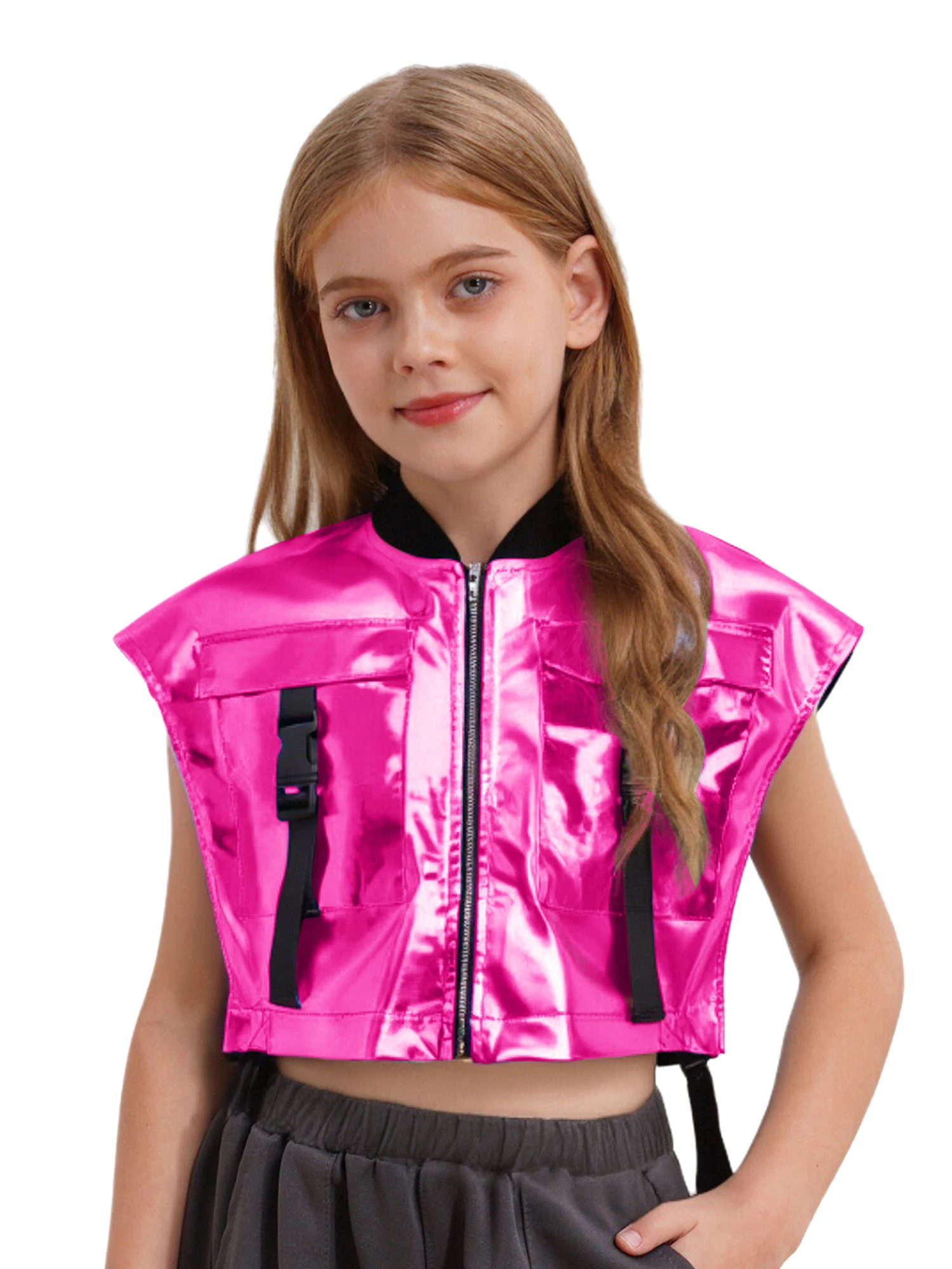 Kinderen Meisjes Glanzend Metallic Glanzend Vest Tops PU Mouwloos Rits Zijkanten Open Jasje voor Hiphop Jazzdans Stage Performance