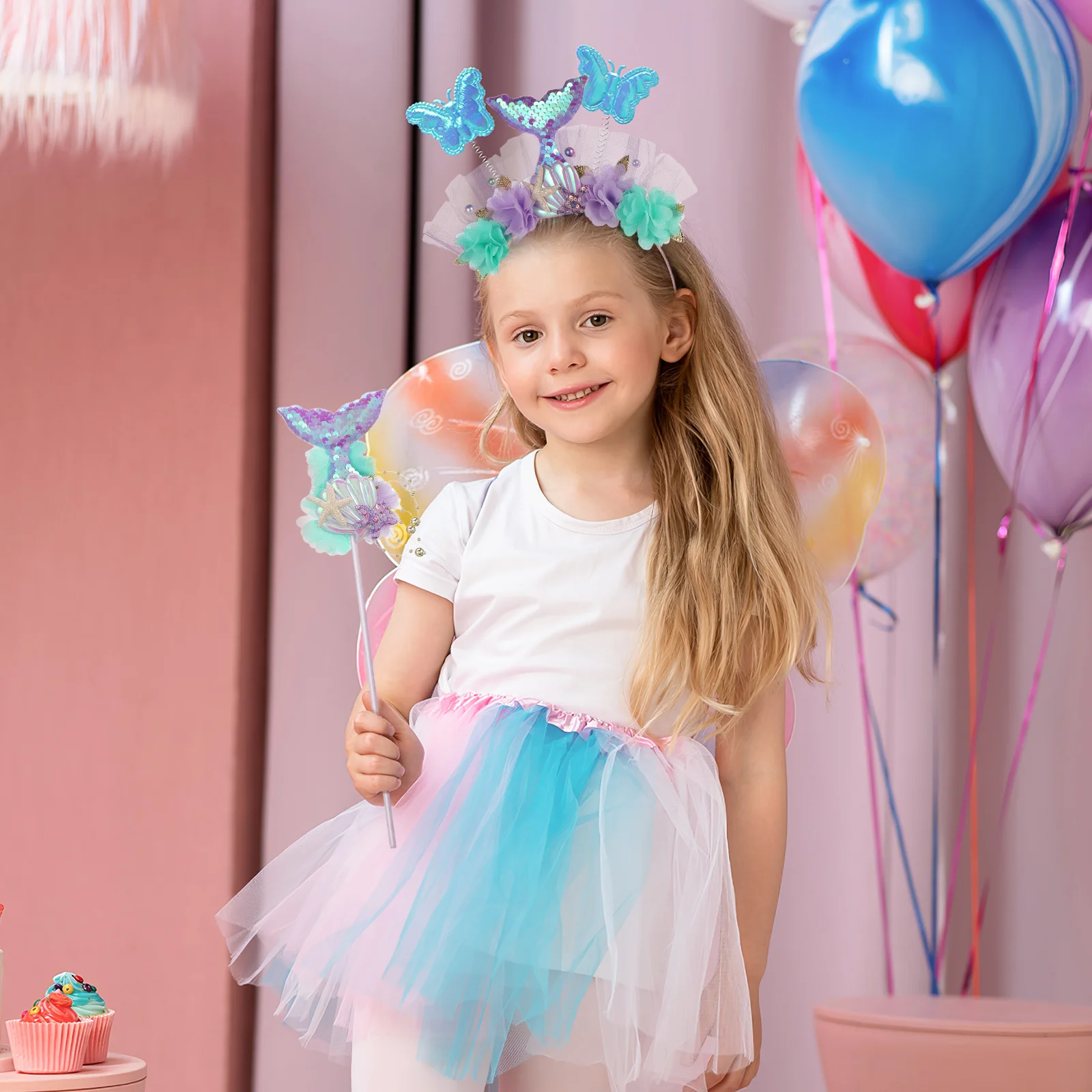 1 set Zeemeermin Hoofdband Wand Set Cosplay Accessoires Voor Verjaardagsfeestje Decor Pailletten Fairy Wand Kostuum Rekwisieten