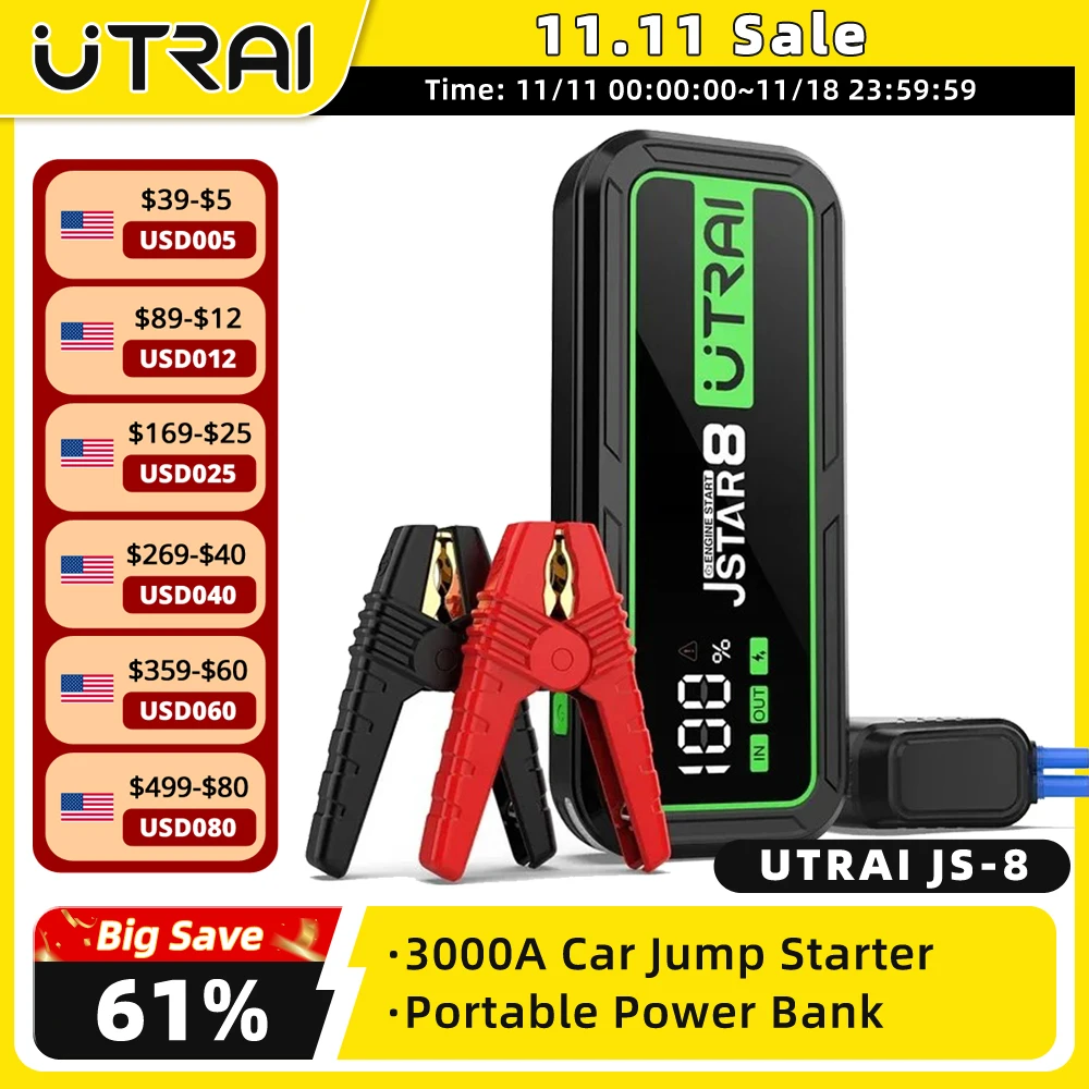 UTRAI Car Jump Starter Power Bank 3000A 20000mAh Starting Device Auto Emergency Battery Booster Jump Starter Car Battery Starter