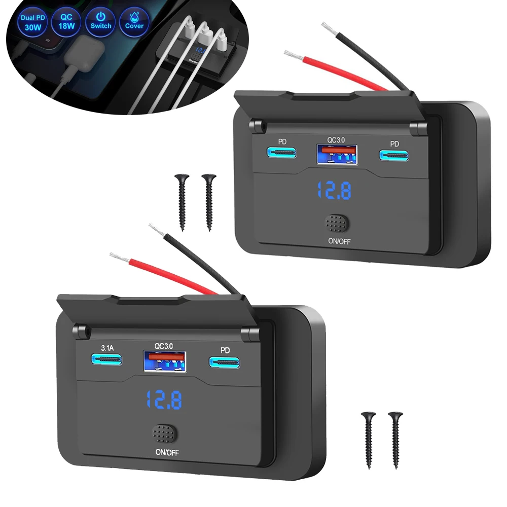 78W 12V USB Outlet Dual PD3.0 60W & QC3.0 18W Car Charger Socket Adapter with Voltage Switch for Car RV Bus Marine Boat Truck