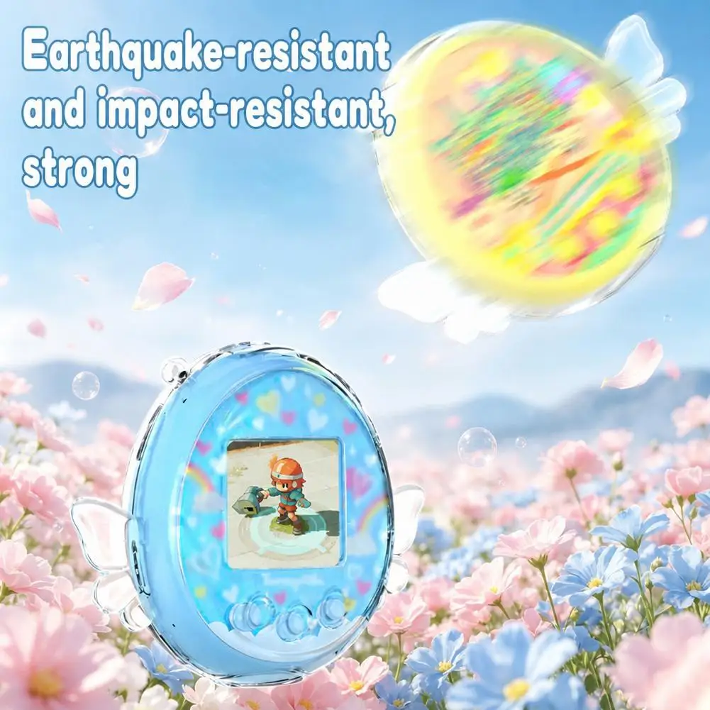 Robuste PC-Hülle für Tamagotchi, kombiniert mit einer transparenten Schutzhülle und einem Schreibtischständer mit Engelsflügeln, wasserabweisend und stoßfest. – Detail 9