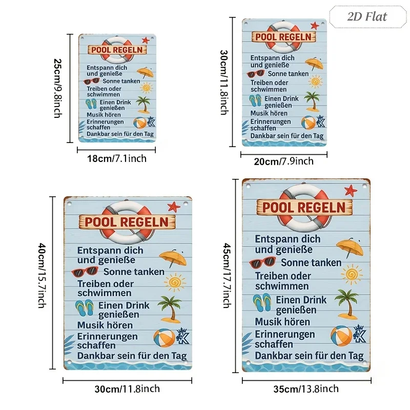 2D Flat - 1pc 2D Flat Sign Artwork, Showcasing a German Sign Titled 'Pool Rules' with Icons Representing Relaxation And Fun, Ide