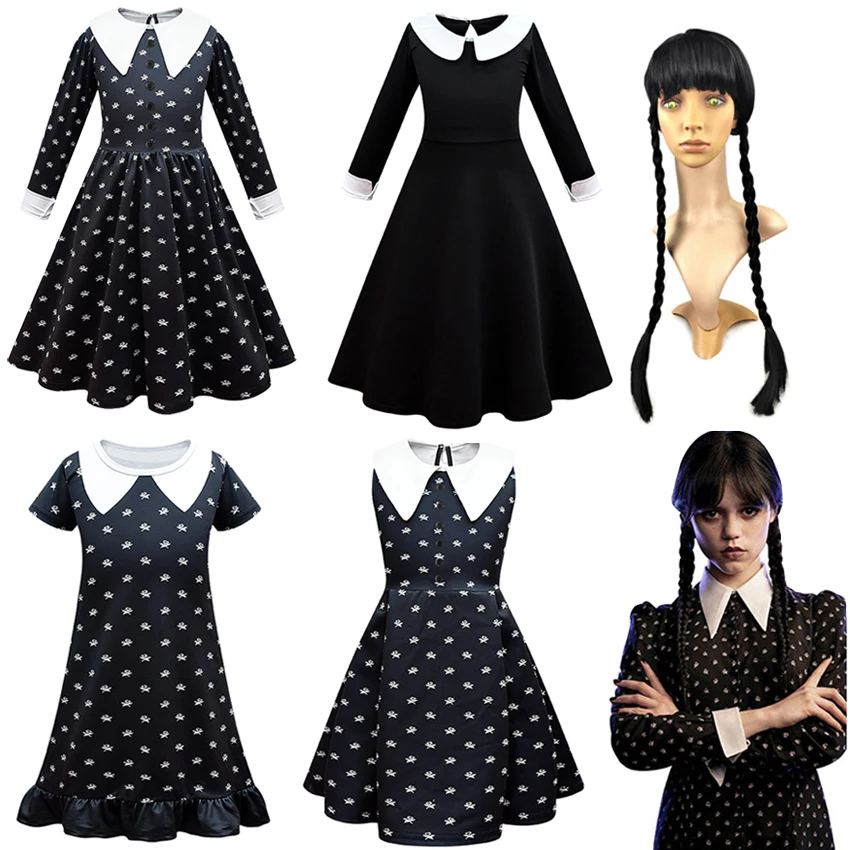 

Kids Halloween Costumes for Girls The Addams Family Morticia Cosplay Dress Wig Bag Set Black Outfits Carnival Gothic Clothes