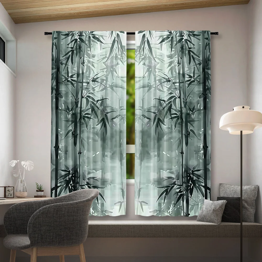 Ink Wash Bamboo Theme Curtain 2 Panels Mist Layered Grey Ink Traditional Chinese Living Room Curtain Elegant Retro Home Decor