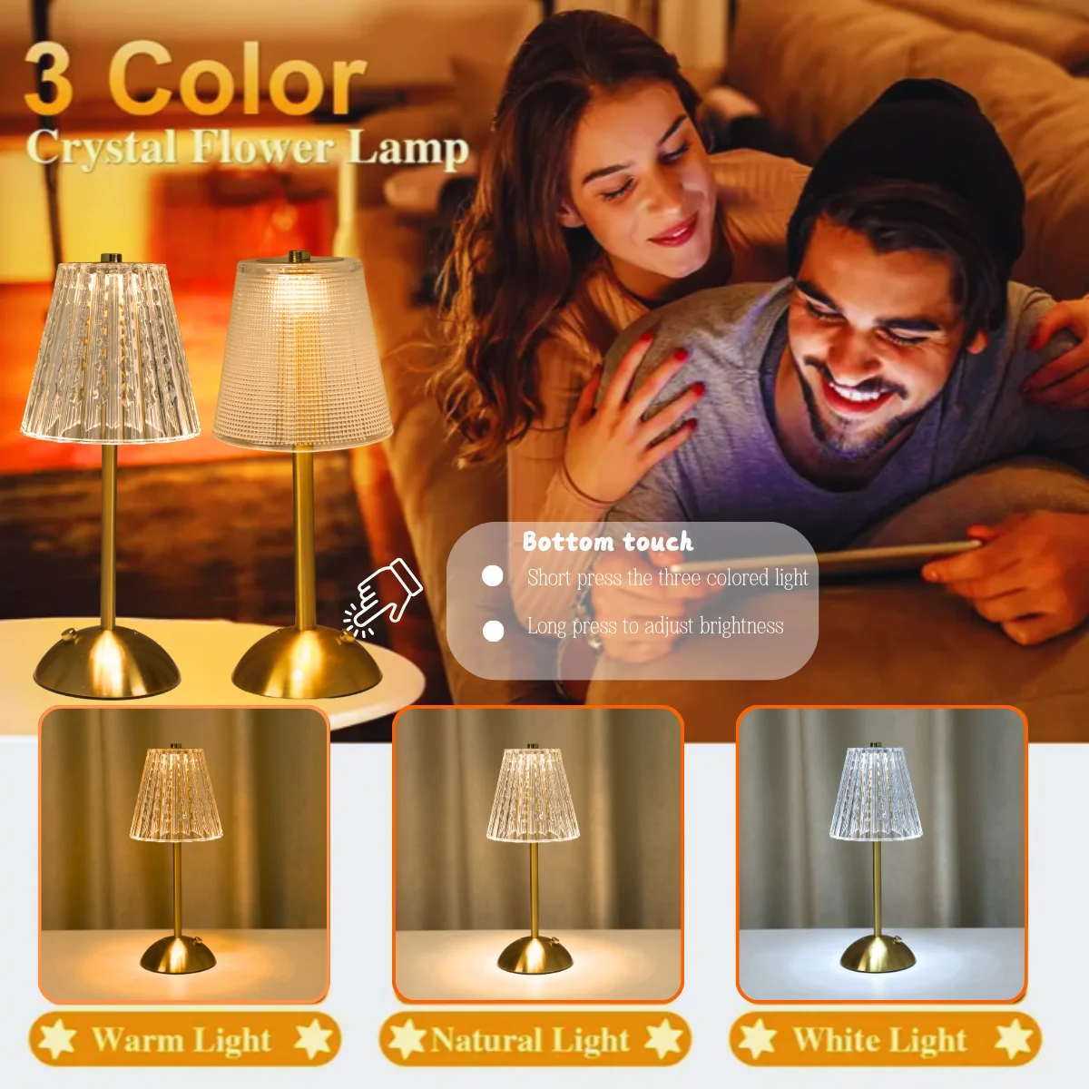 Lámpara de escritorio de cristal LED ajustable, control táctil, ajuste tricolor, con carga USB para decoración del hogar y iluminación nocturna