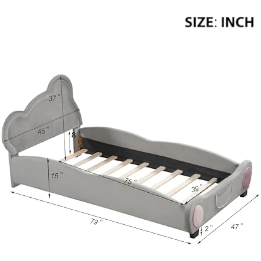 Szare podwójne łóżko z platformą w kształcie niedźwiedzia z kieszeniami do przechowywania, łóżko przyjazne dla dzieci z aksamitną tapicerką
