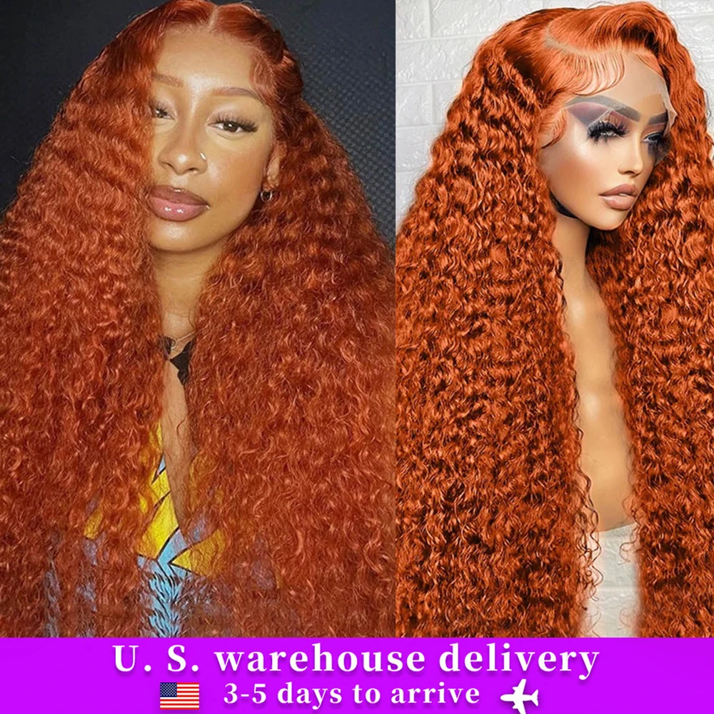 Ginger Orange Deep Wave Lace Front Wig Human Hair 13x6 #350 Colored Deep Wave Lace Front Wig Pre Plucked For Women 210% Density