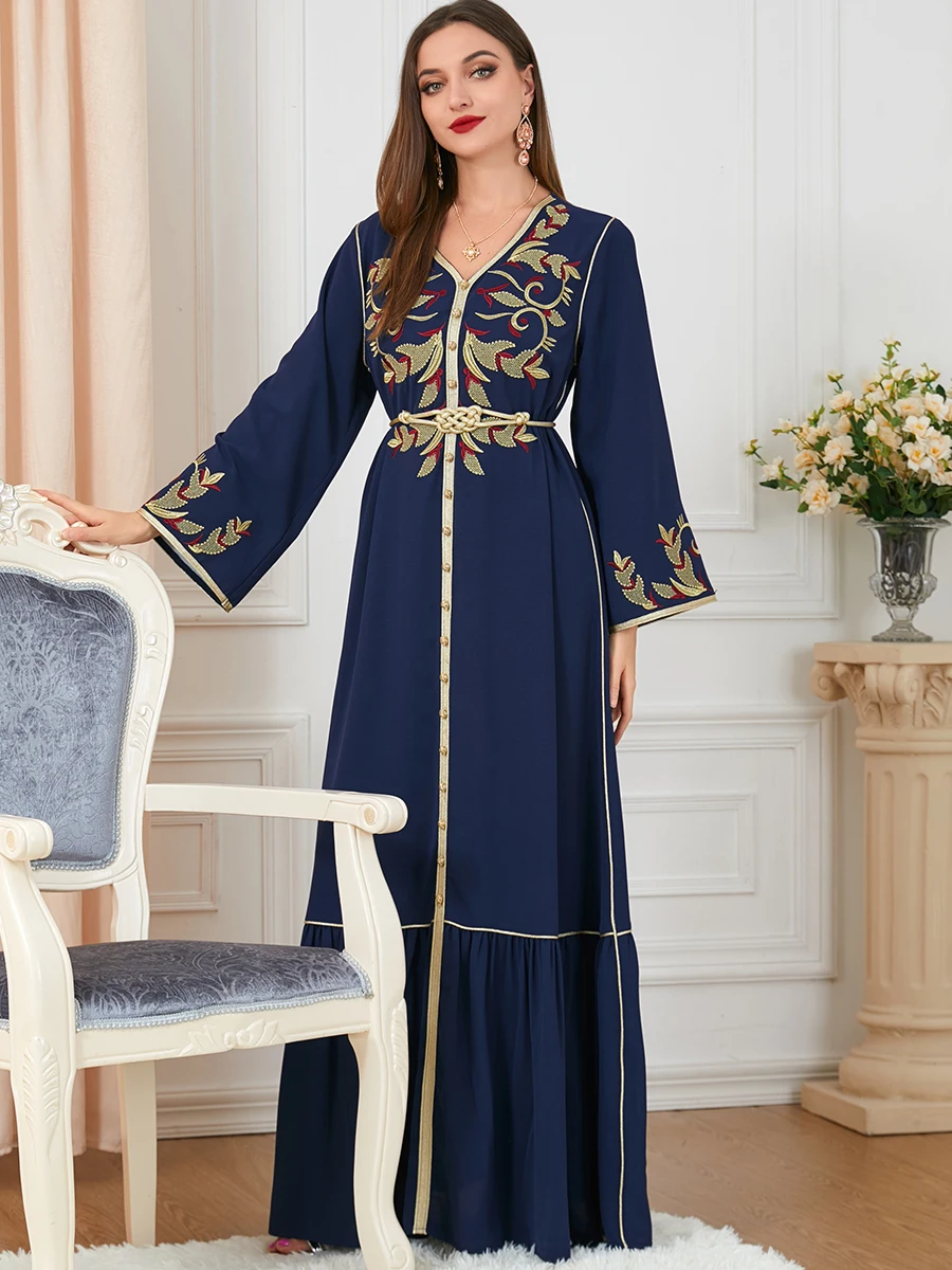 Ramadan Morocco Dress Women Muslim Abaya Fashion Dubai Abayas Embroidery Belted Kaftan Elegant Party Dresses Vestidos Spring