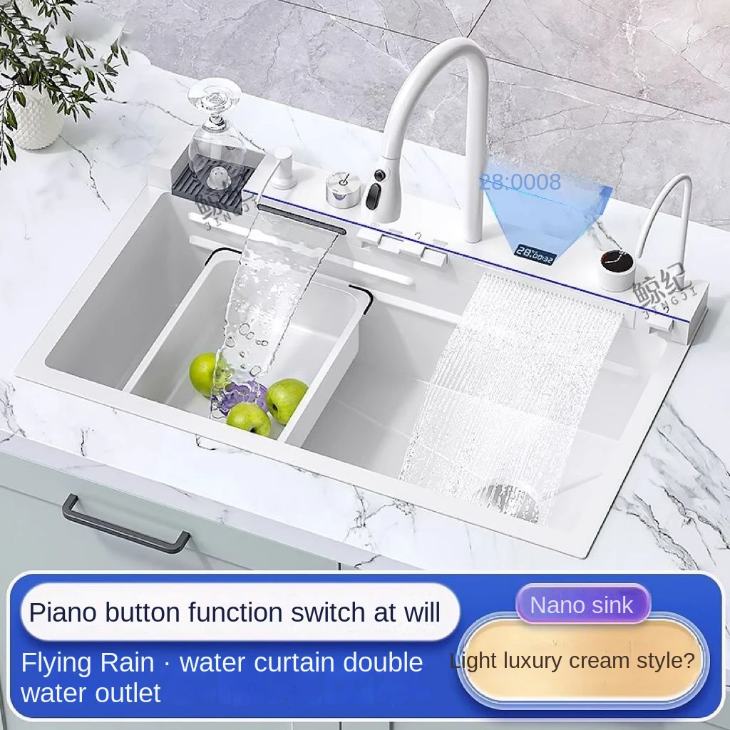 

Stainless Steel Waterfall Kitchen Sink Large Single Slot Integrated Digital Display Faucet Set with Soap Dispenser Cup Washer