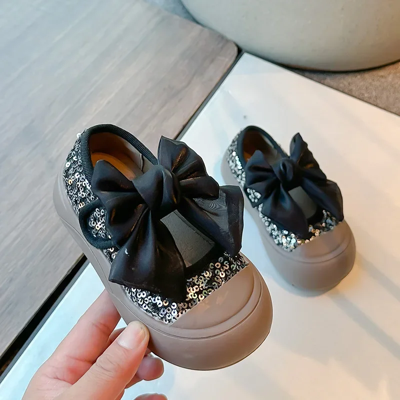 Autumn New Children Soft Sole Casual Shoes Fashion Bowknot Shiny Girls Princess Flat Shoes Kids Shallow Breathable Canvas Shoes