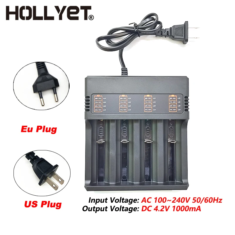 

3.7V 26650 Battery Charger 18650 4-Slot,0.65m Input Cable,Dual Universal Battery Charge,Eu and US Standard Plugs 4000mA.Hollyet