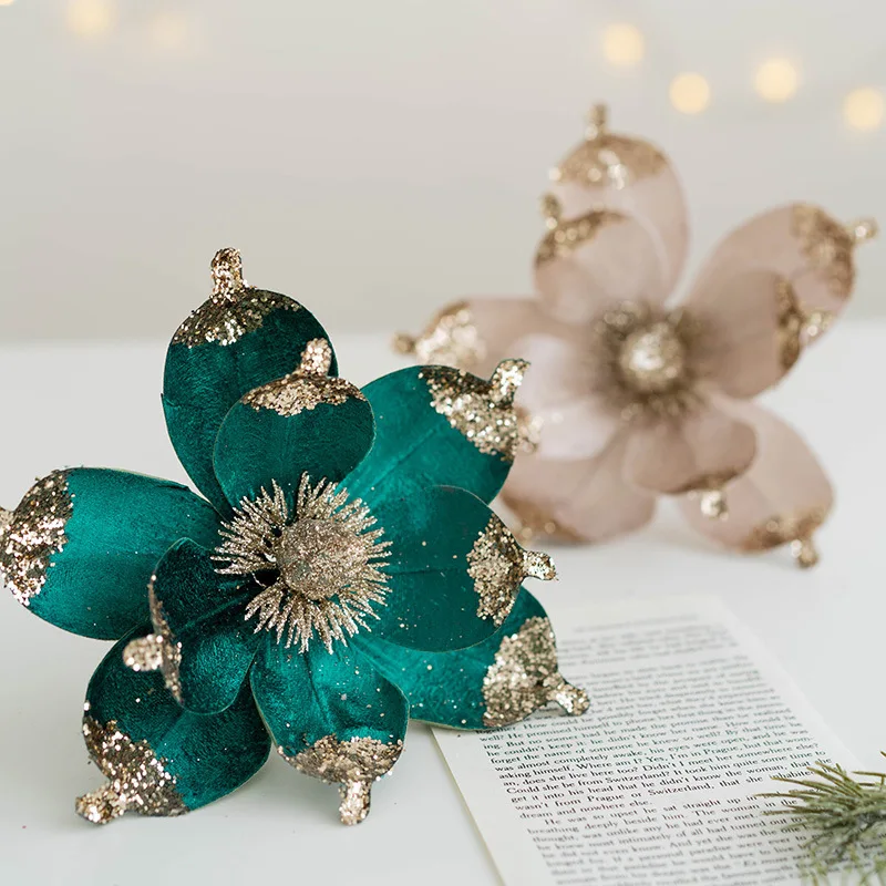 20cm Glitter Artifical Simulated Christmas Flower Magnolia Sequin Decorative Flower Xmas Tree Hanging Pendants Decor for Home