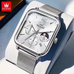 OLEVS 9914 Men's Watches Original Fashion Quartz Wristwatch Mesh Steel Waterproof Luminous Moon Phase Chronograph Square Watch