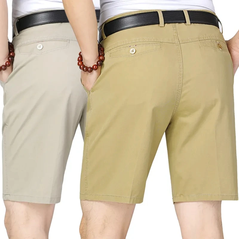 Shorts clássicos de algodão masculino, Bermuda casual, joelho, esporte de golfe, legal, respirável, cáqui, bege, verão