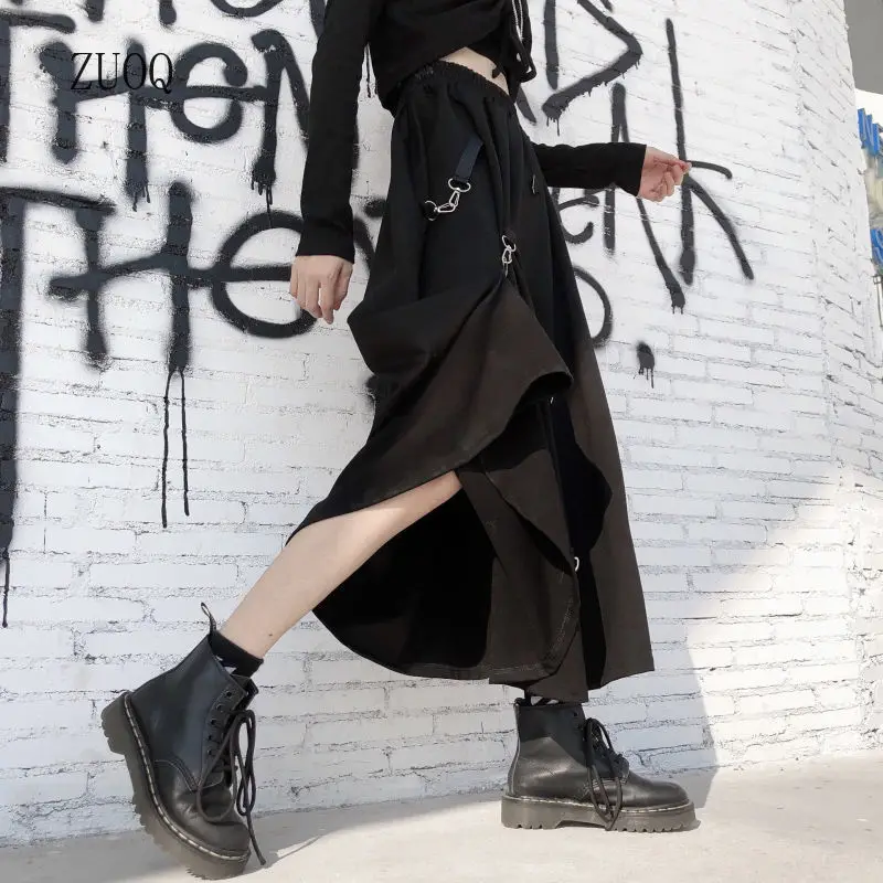 New 2025 Black Skirts Women Harajuku Punk Style High Waist Buckle Irregular Gothic Skirt Woman Hip Hop Streetwear Female