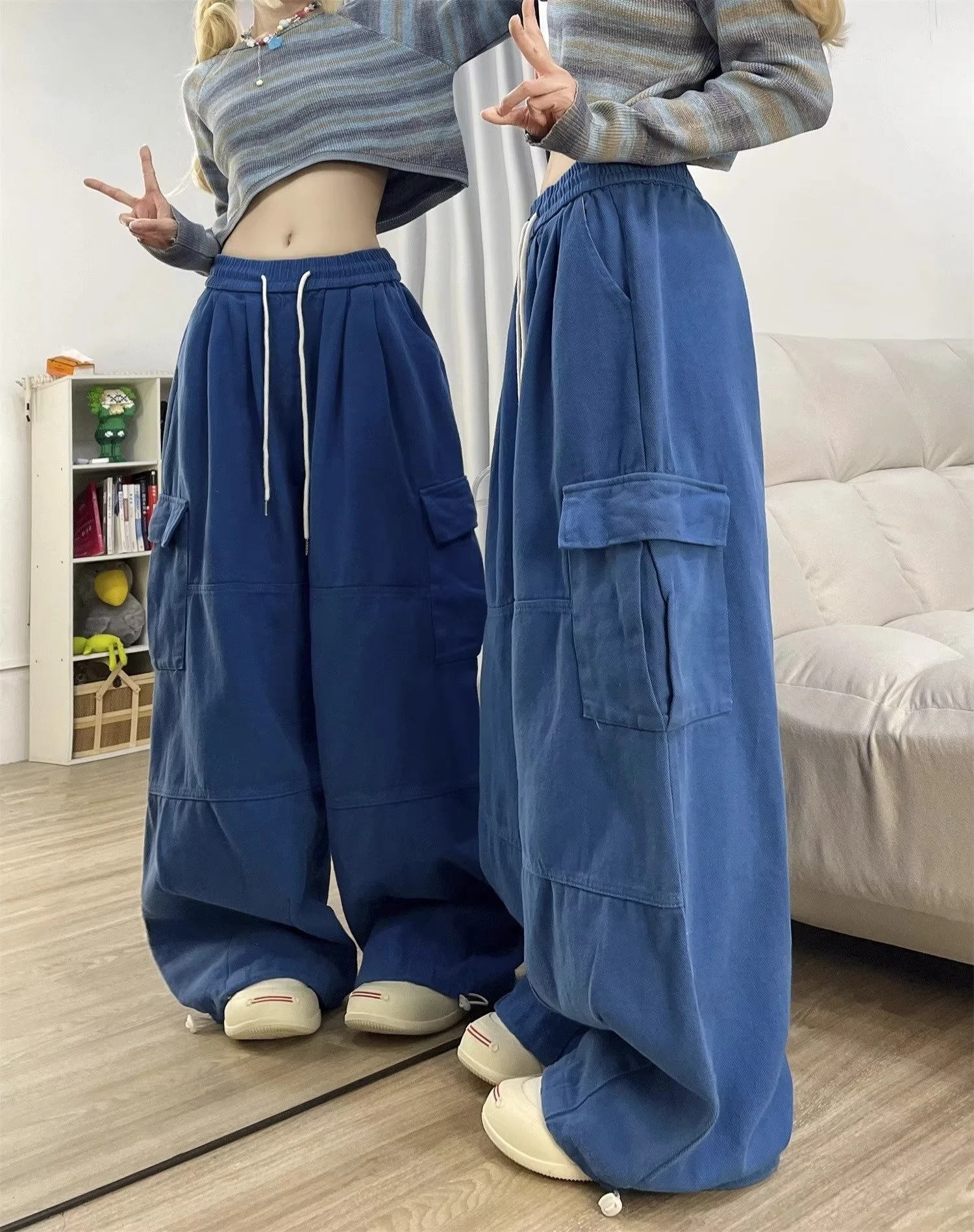 Cargo Pants Women Solid Color Japanese Loose Thin Straight Wide-leg High Waist Trousers High Street Basics Casual Pants Female