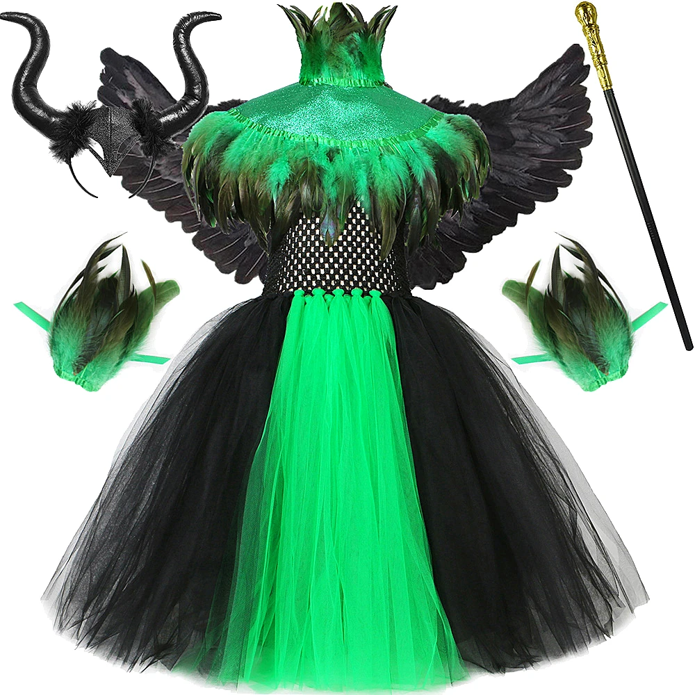 Gothic Feathers Cape Witch Long Dresses for Girls Halloween Maleficant Costumes for Kids Evil Angel Queen Tutu Outfit with Wings