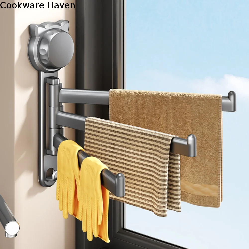 Suction Cup Rotating Towel Rack No Drill 180° Rotatable Towel Hanging Holder Rustproof Wall Mount Swivel Toilet Towel Rod