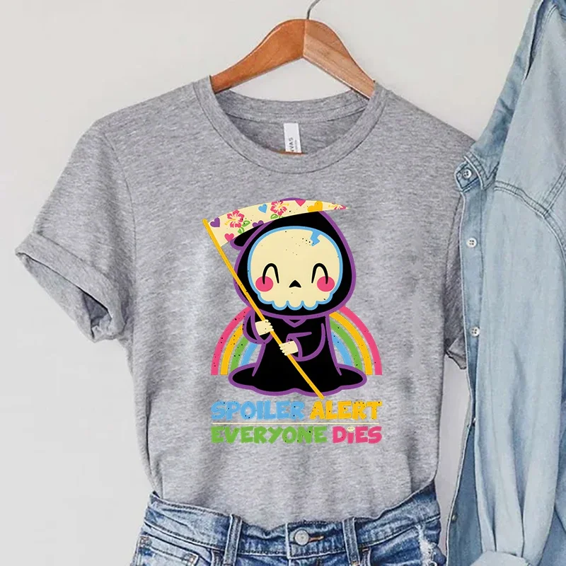 Skull T-shirts Women Cartoon Rainbow Tshirts SPOILER ALERT Everyone Dies Print Women\'s Clothing Vintage90s Sickle Women T-Shirts