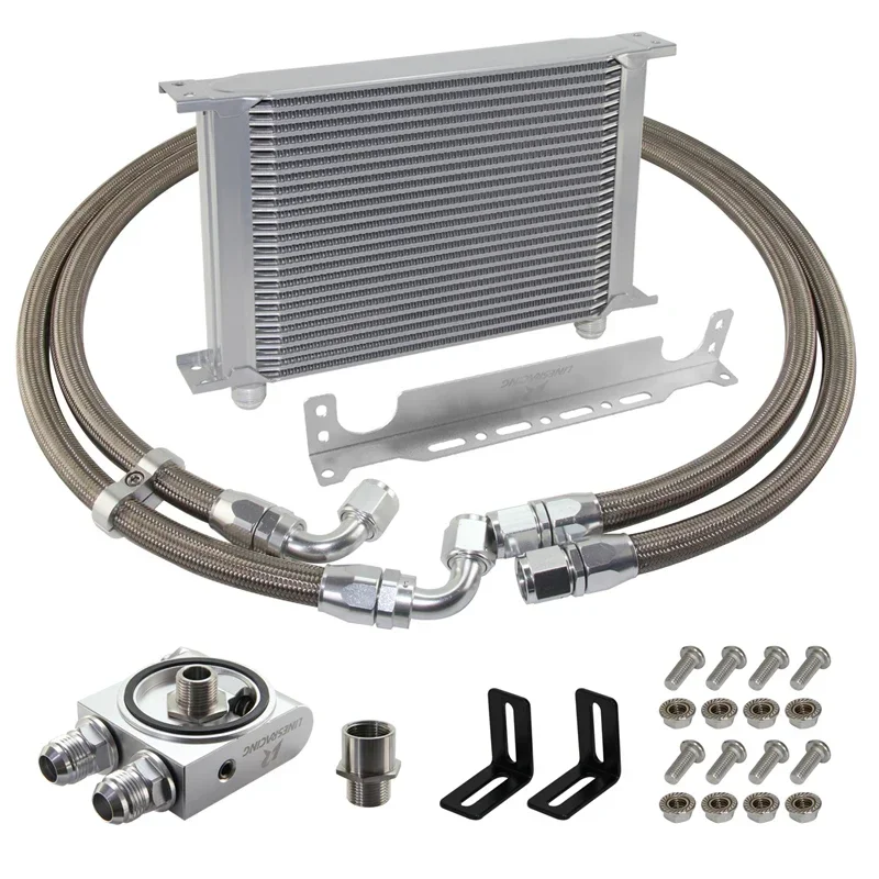 

Aluminum AN10 25-30 Row Oil Cooler w/ Bracket Oil Line Kit Thermostatic 73±0.5° M20*1.5 & 3/4"-16 UNF Universal