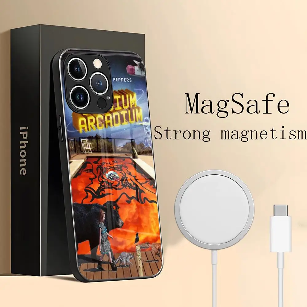 

Красный популярный чехол для телефона RHCP Chili для IPhone 15 Pro Max 14 Plus 12 Mini 11 13 16 Pro Max Magsafe, стеклянный чехол с беспроводной зарядкой