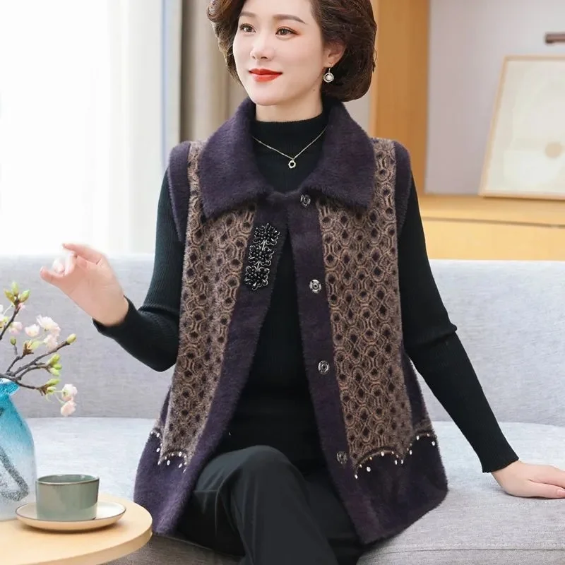 Autumn and Winter New Middle-aged and Elderly Women\'s Mink Velvet Padded Knitted Vest Turndown Collar Waistcoat Cardigan Coat