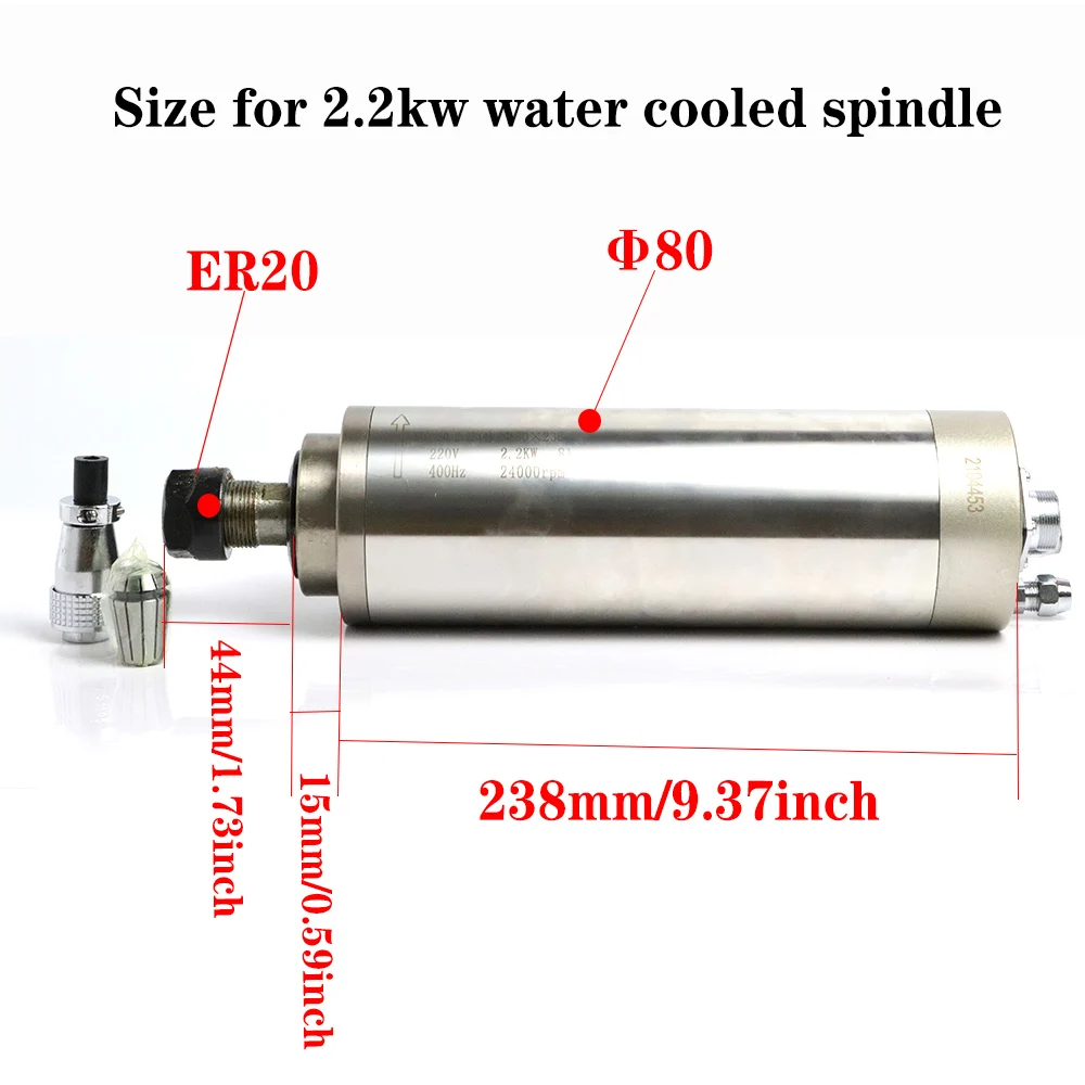 2.2KW Water Cooled Spindle Motor with Four Bearings 7002*2+7005*2 High Speed ER20 Collet for CNC Engraving Milling Machine.