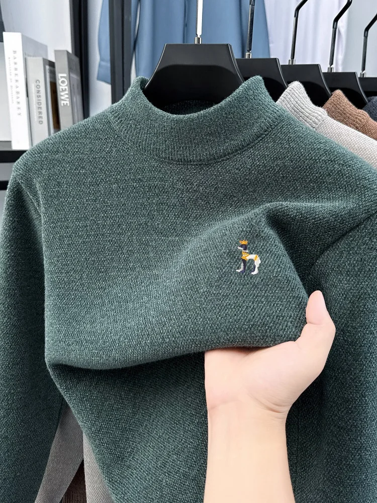 

High end brand round neck sweater men's fashion exquisite cute dog embroidery winter velvet warm Korean casual knitted pullover