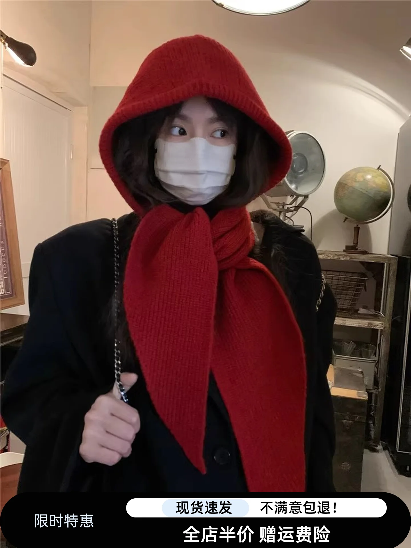 

Fashion Oversize Hooded Scarf Hat One Pcs Winter Ear Protection Windproof Warm Knitted Bomber Hats Women Multi Use Balaclava