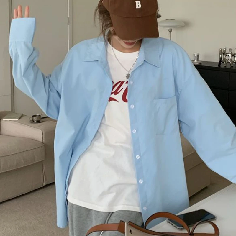 Shirts Frauen Casual Faul Stil Ulzzang Studenten Harajuku Frühling Lose Minimalistischen Täglichen Alle-spiel Beliebte drehen-unten Kragen tops