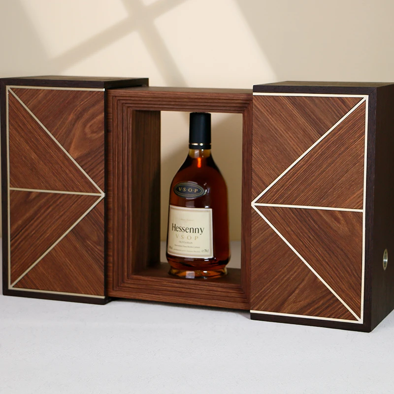 

Luxury Double-Door Vodka Wine Box Handmade Rectangle Rectangular Single Slot Lacquered Wooden Gift Box with Custom Logo