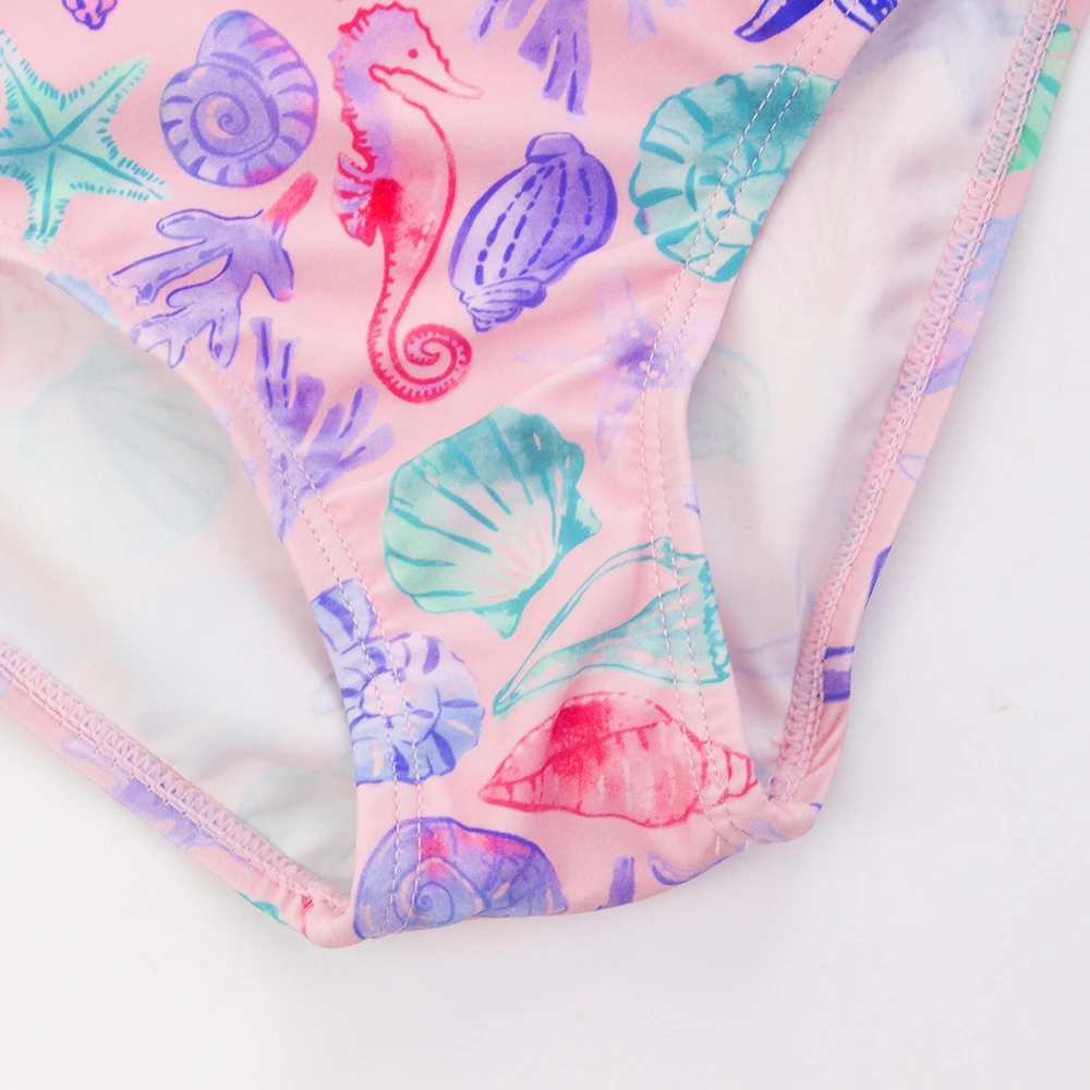 1-5 Year 1-piece Quick-Drying Shell Print Sunscreen Girls Swimsuit Zipper High Stretchy Long Sleeved Round Neck Kids Swimwear ﻿