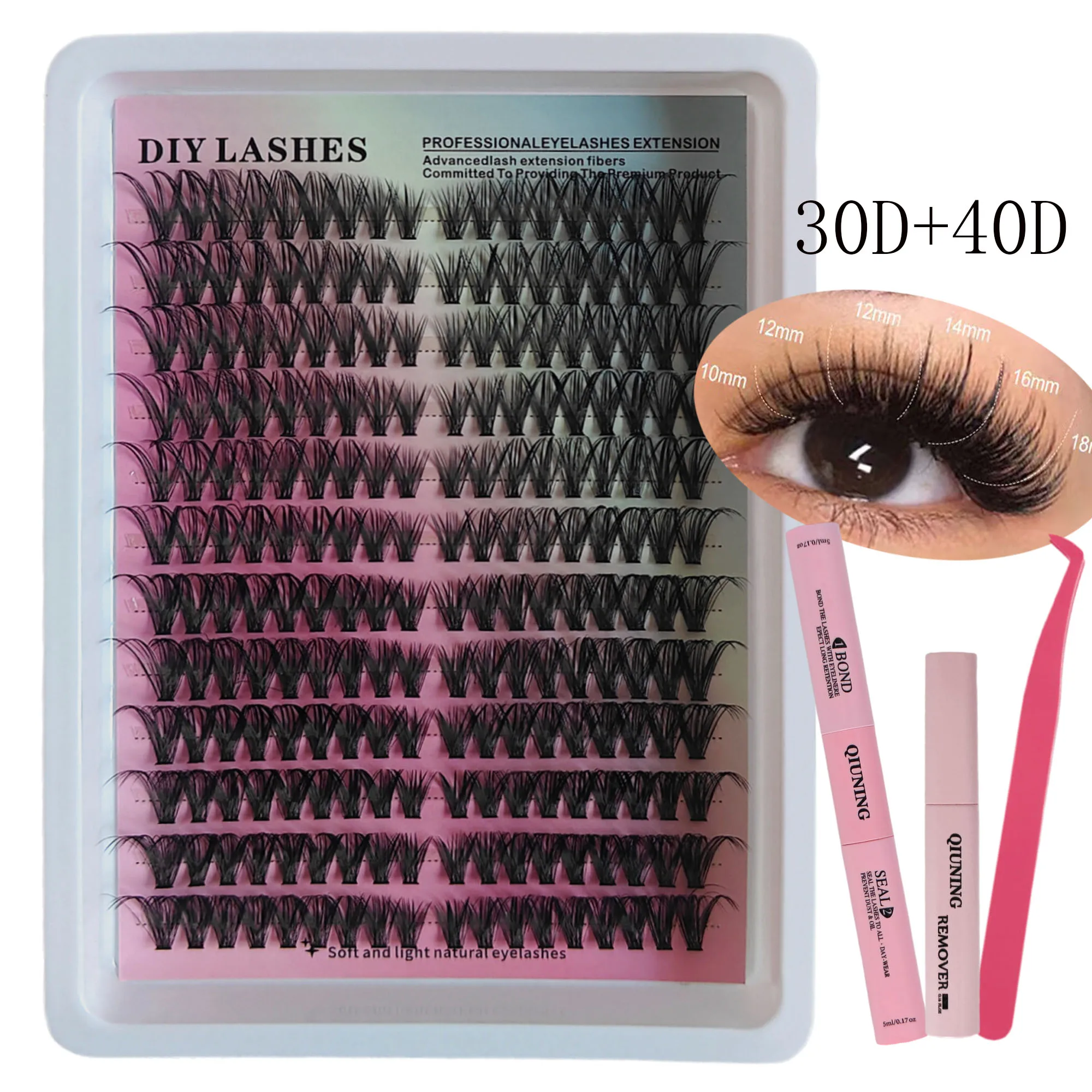 QIUNING Lashes Clusters Kit Cat Eye Lashes Individual Eyelashes with ​​Lash Bond & Seal Full Set Lashes Extension Makeup Tools