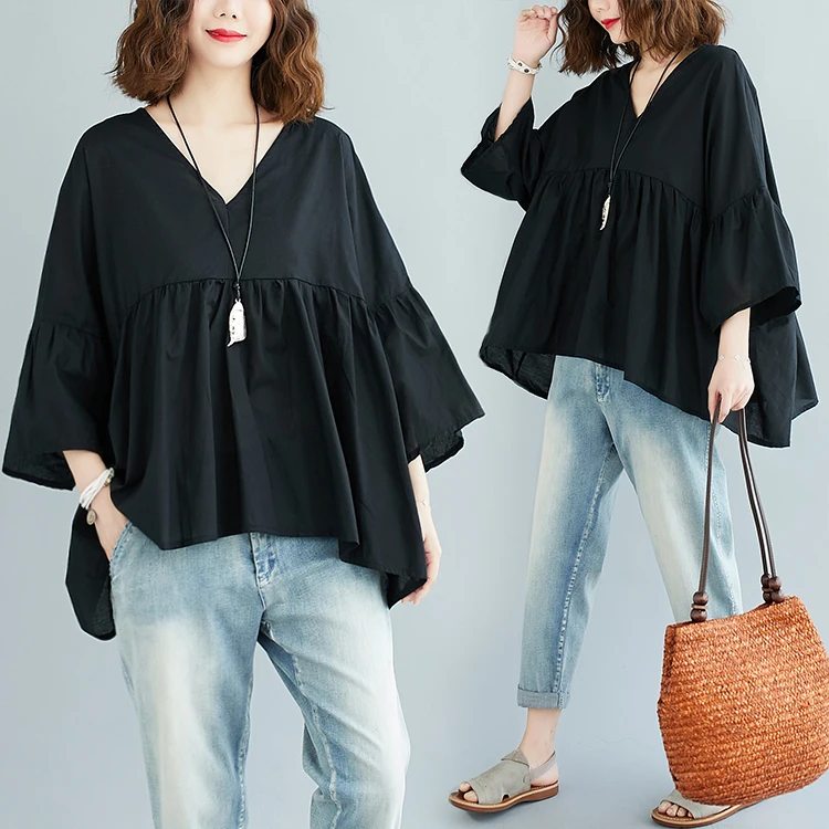 

Летний хлопково-льняной топ V-Neck для полных женщин, скрывающий живот, приталенный, в стиле «колокол», для пышных форм