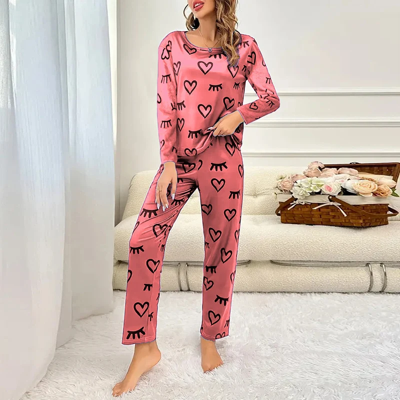 Women's Leisure Time Pajamas Set Heart Shaped Eyelash Print Long Sleeves Tops & Trousers Pijama Comfortable Loungewear & Pyjamas