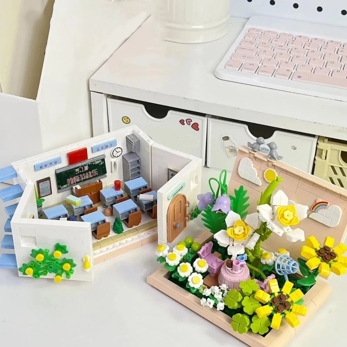 Criativo rua jardim sala de aula blocos de construção flores casa villa modelo tijolos crianças brinquedos educativos diy presentes aniversário