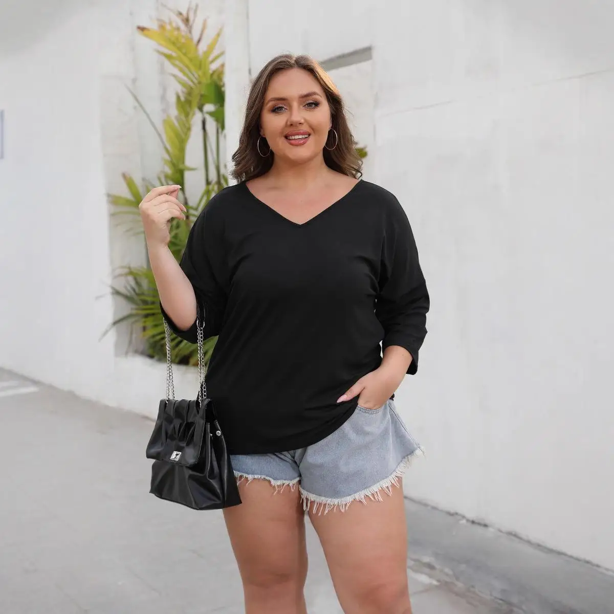 Kaos Wanita Panjang Regular dengan Detail Tali Ba, Lengan Lonceng Tujuh Perempat Panjang, Serat Poliester, Ukuran Universal