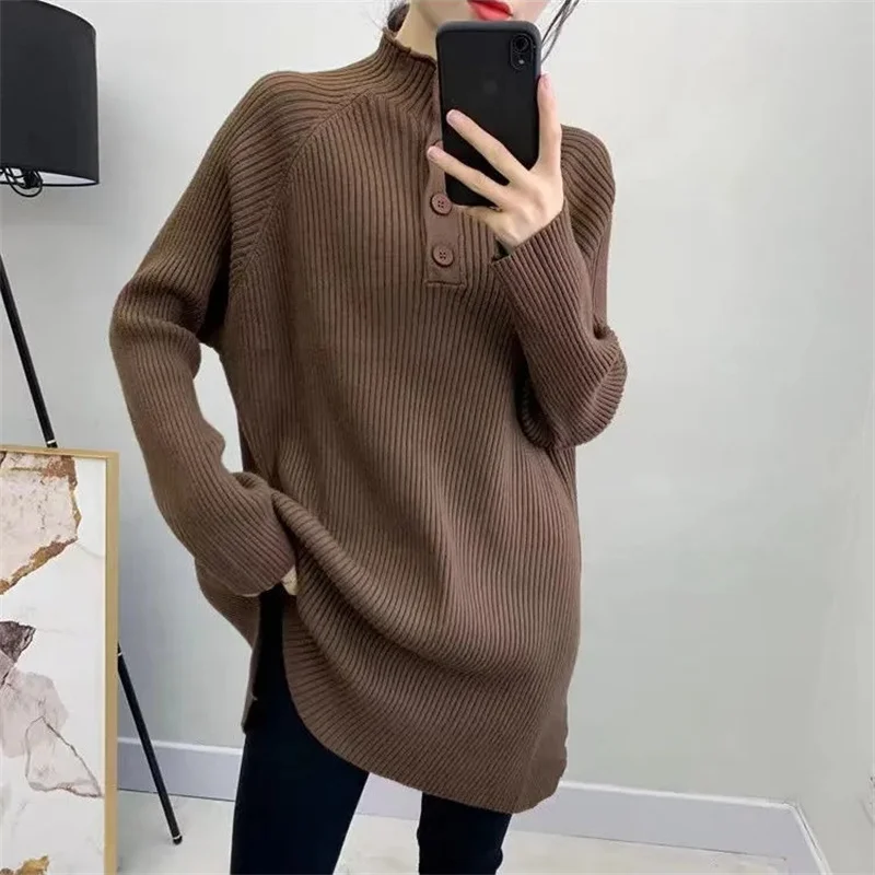 

Корейский женский элитный пуловер, вязаный топ 2025 г., женский трикотаж с длинными рукавами, осень-зима, женская мода, вязаный воротник с полувысоким воротником