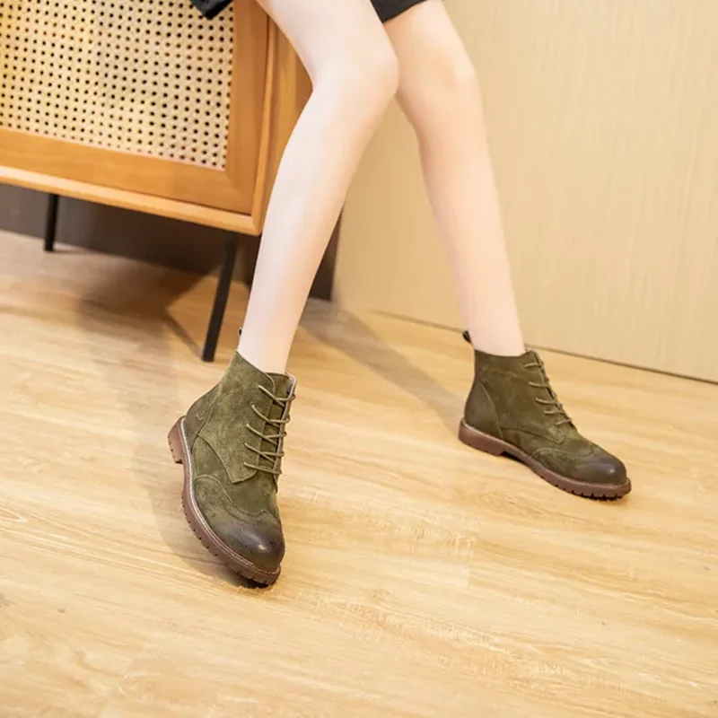 Women Booties Fur 2026 Autumn Genuine Leather Female Short Boots Suede British Lace Retro Trend Women Ankle Boots
